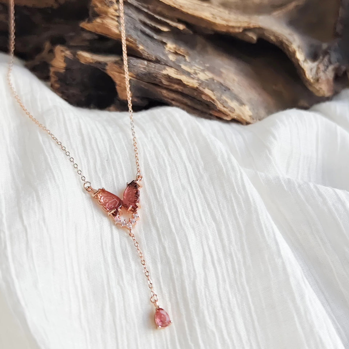 Ciondolo Farfalla Turmalina Anguria Oro Rosa Argento