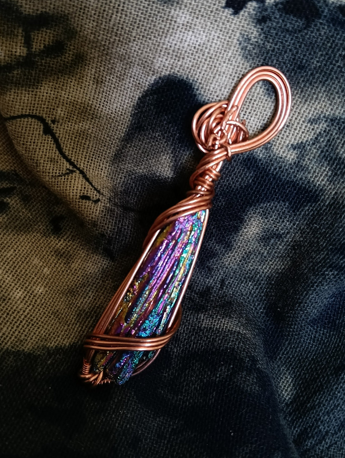 Copper Wire Wrapped Iridescent Crystal Pendant