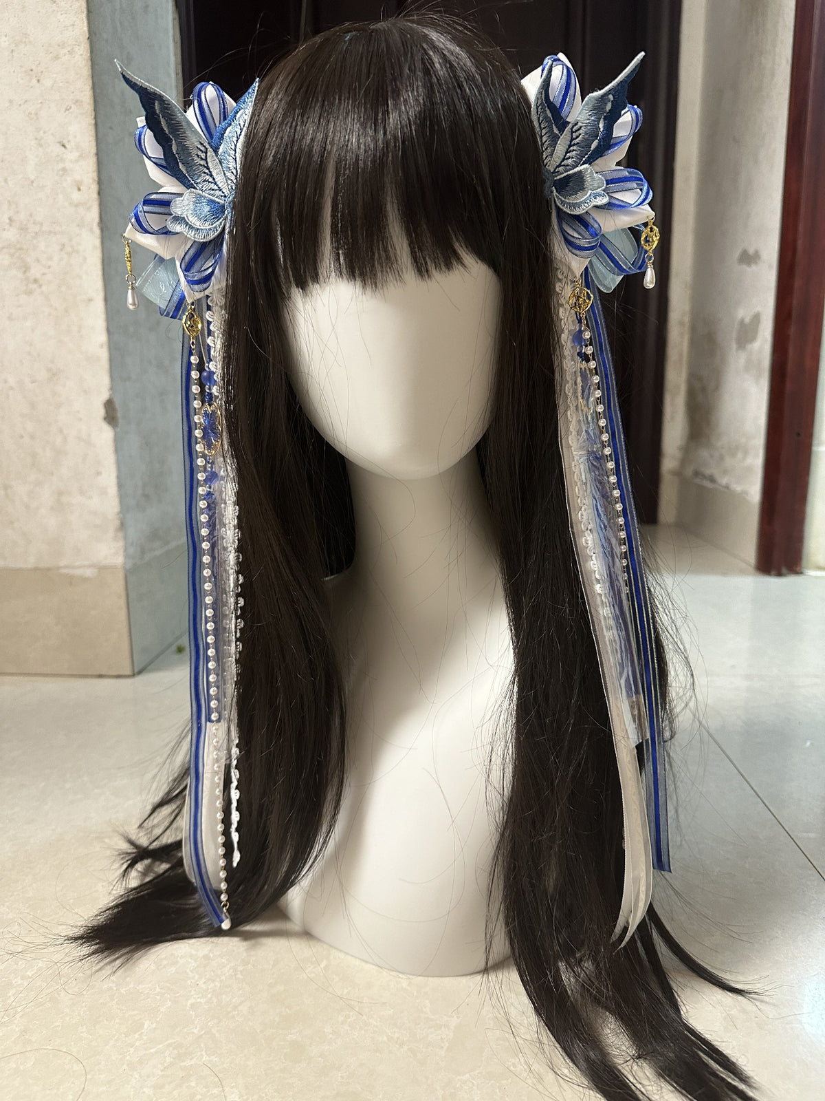 Butterfly Embroidered Side Hair Clips Blue White