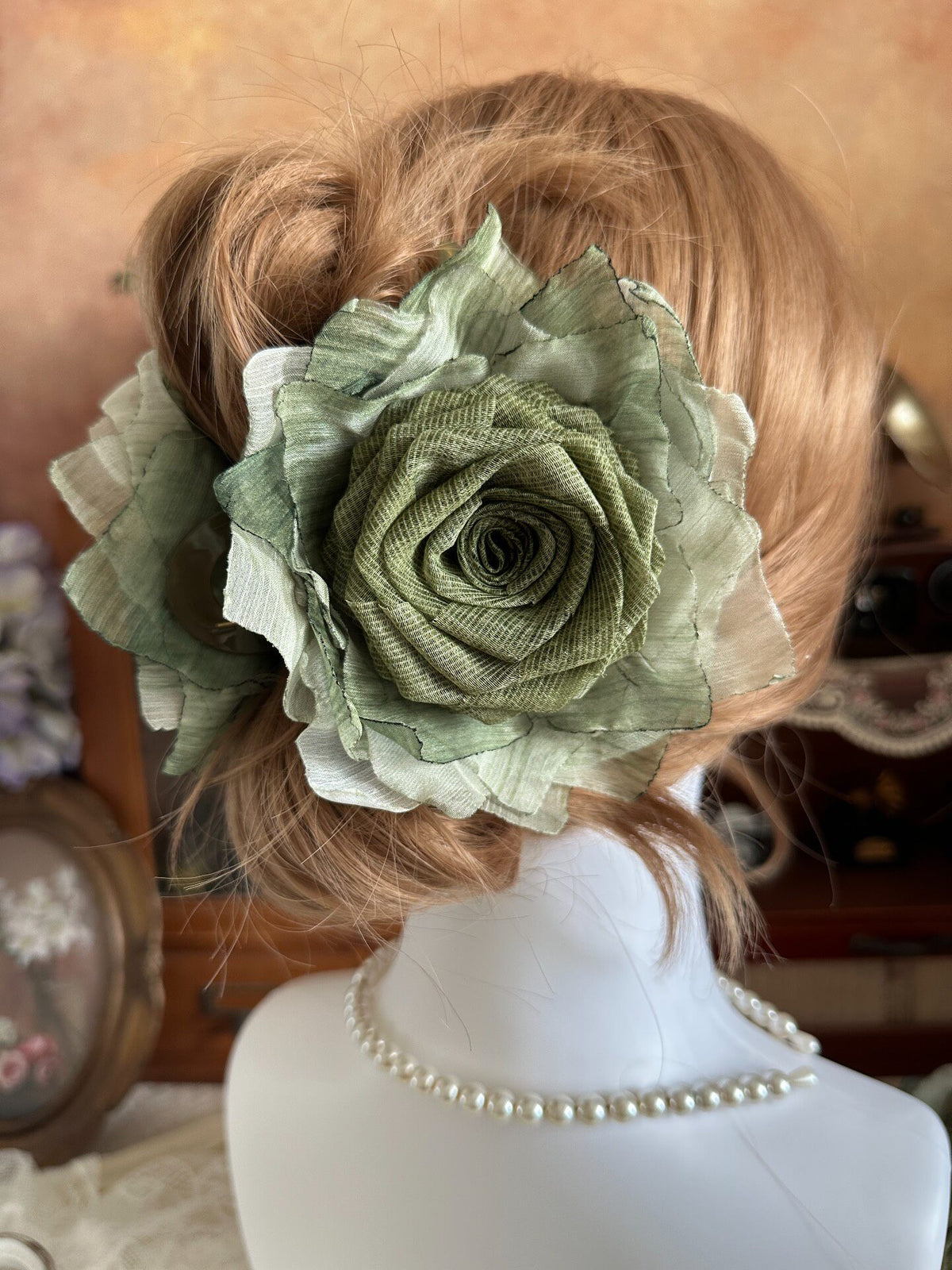 Handcrafted Fabric Rose Moss Green Claw Clip