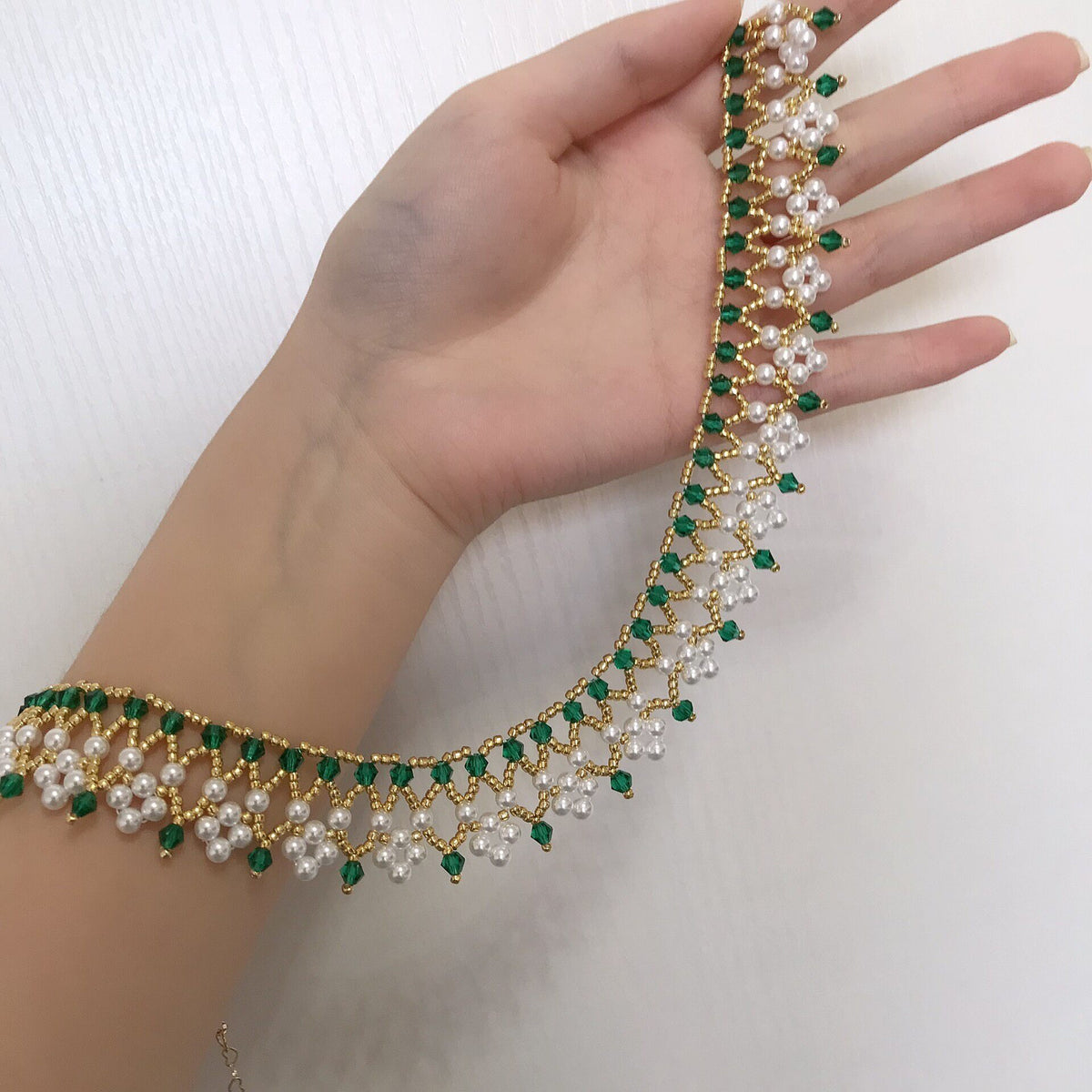 Handmade Gold White Green Beaded Necklace