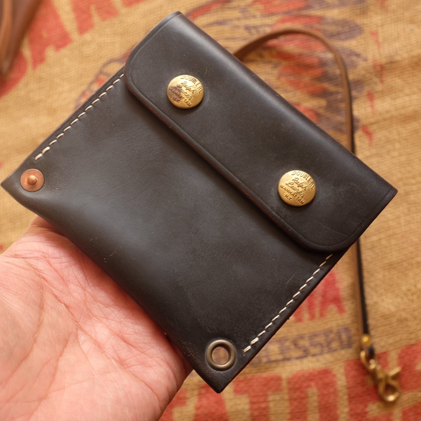 Black Leather Flap Pouch with Brass Snap Buttons and Contrast Stitching