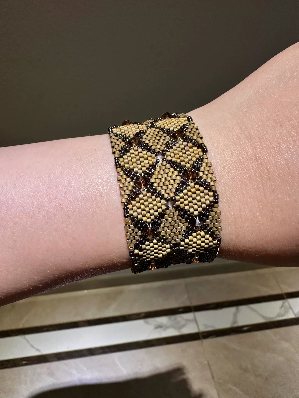 Handcrafted Wide Bead Cuff Bracelet Antique Gold Black