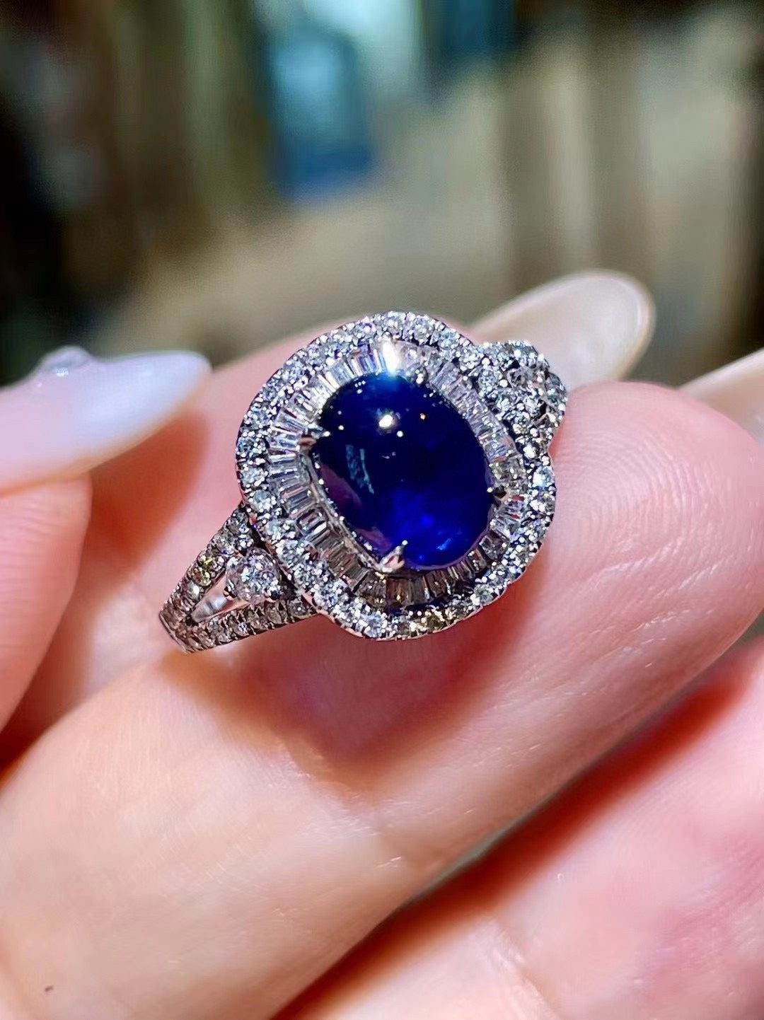 1.91ct Oval Cabochon Sapphire Double Halo Diamond Ring in 18K Gold