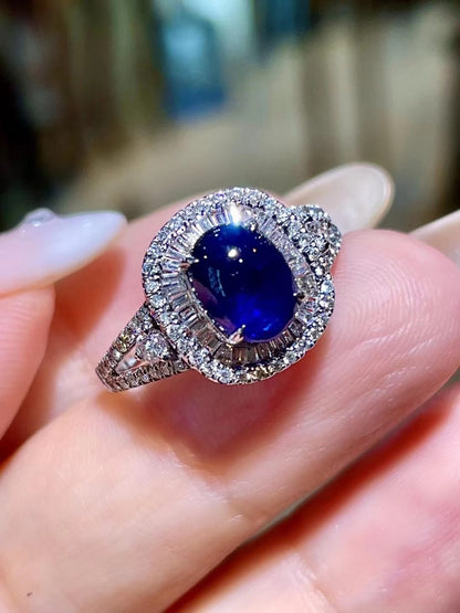 1.91ct Oval Cabochon Sapphire Double Halo Diamond Ring in 18K Gold