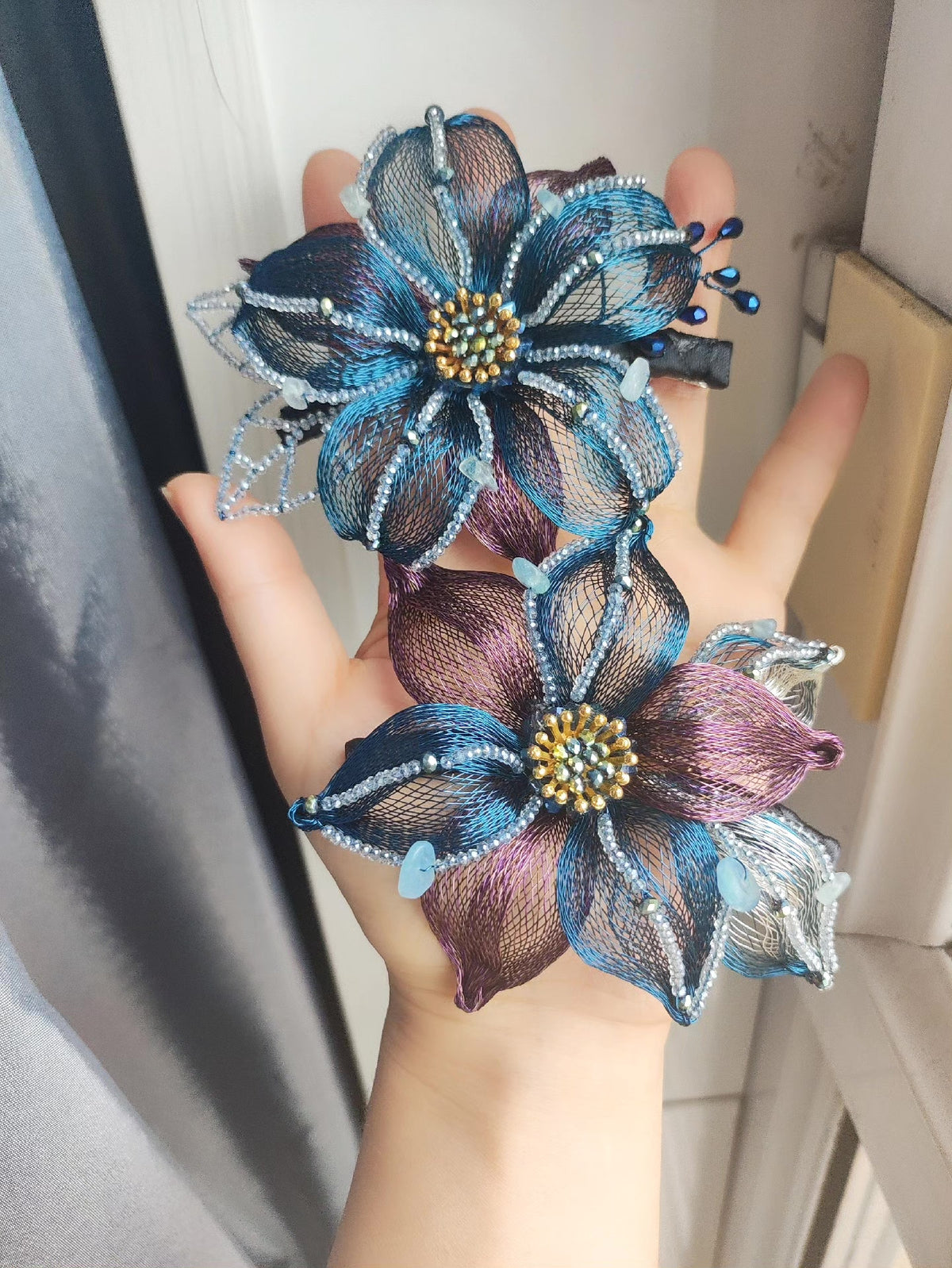 Floral Crystal Hair Clip Teal Purple