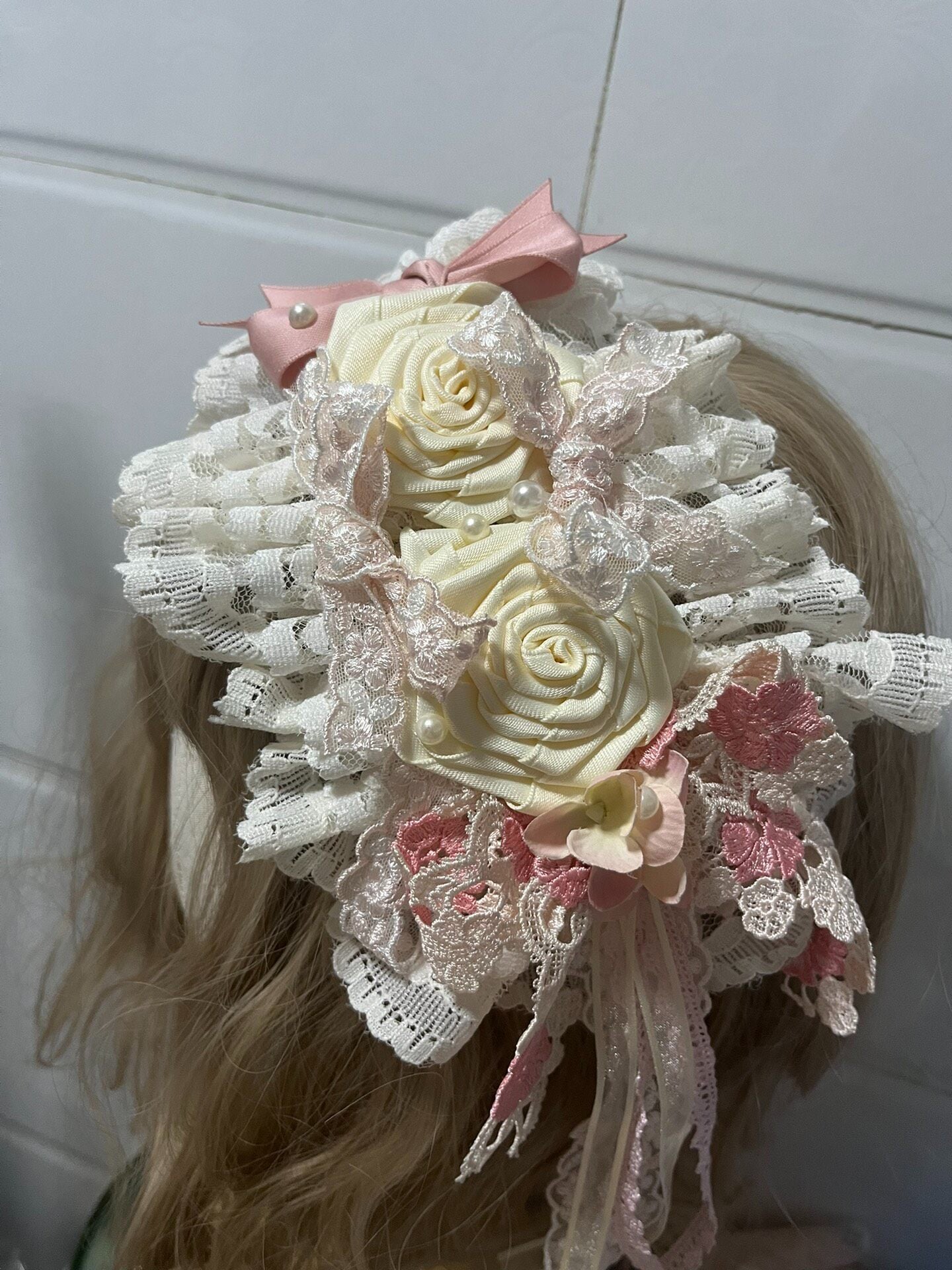Lolita Handmade Lace Flower Headpiece with Pink Roses and Pearl Accents