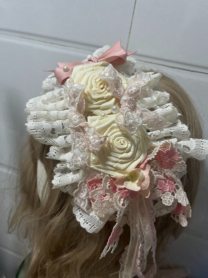 Lolita Handmade Lace Flower Headpiece with Pink Roses and Pearl Accents