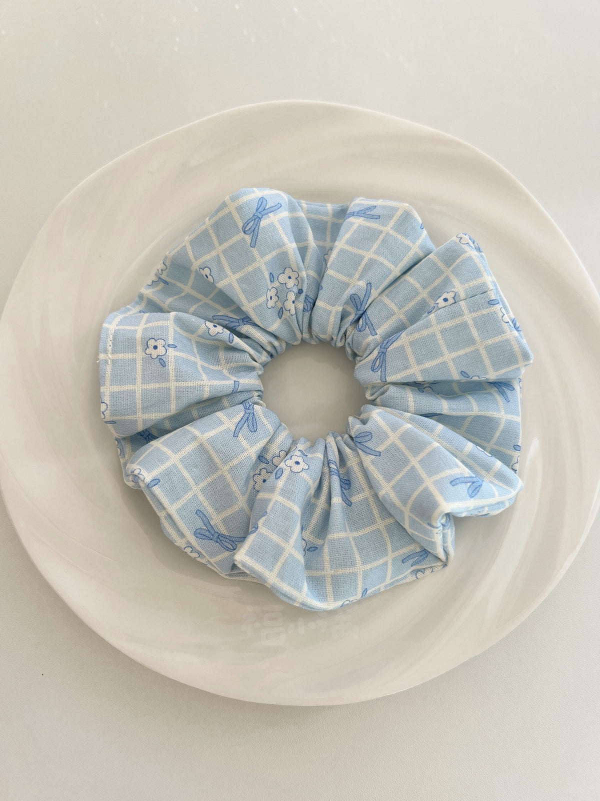 Blue Gingham Bow Print Fabric Scrunchie