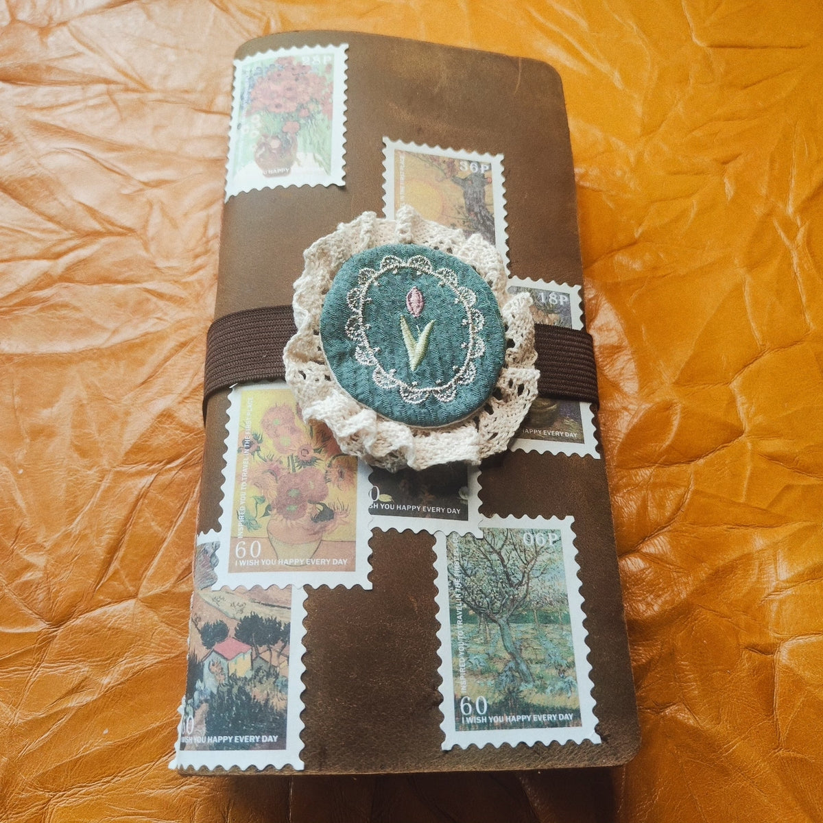 Handcrafted Leather Notebook with Oil Painting Stamps