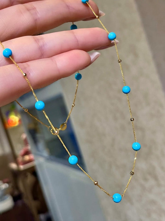 18K Gold Sleeping Beauty Turquoise Starry Sky Necklace, 4-4.3mm Beads