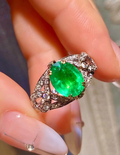 18K Gold Two-Tone Emerald and Diamond Ring, 1.51ct Oval Emerald