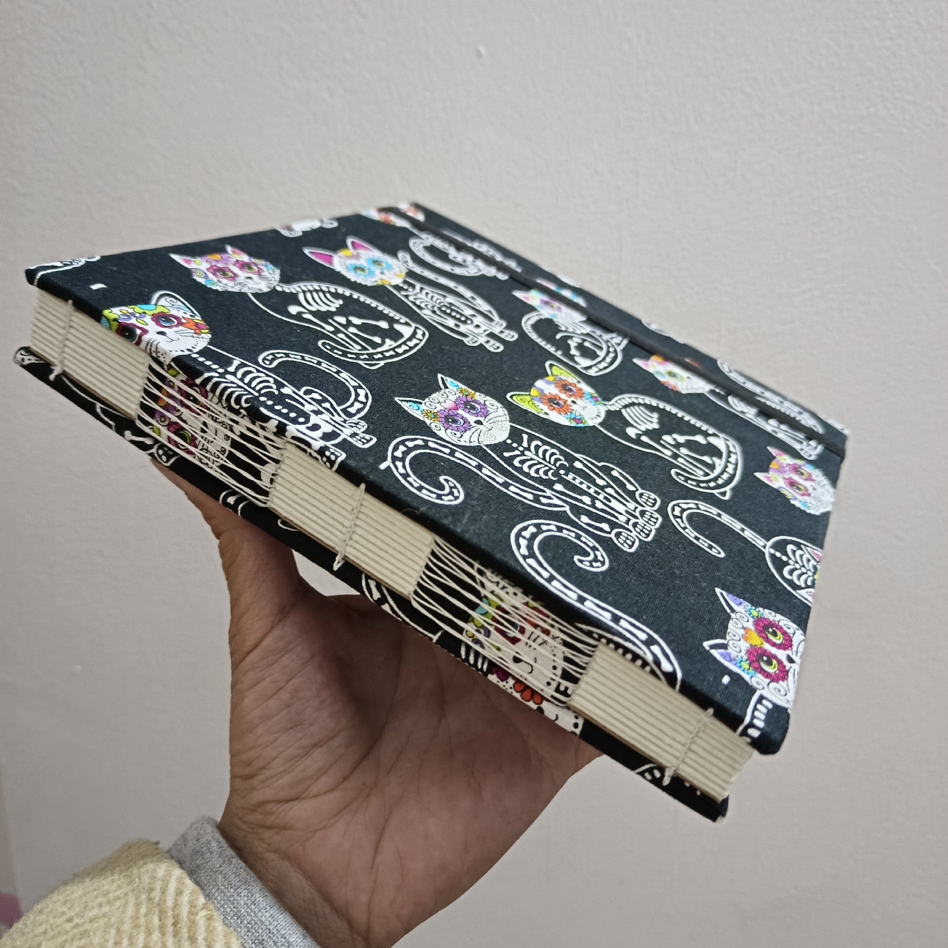 Customizable Handmade Watercolor Sketchbook with Skeletal Cat Cover