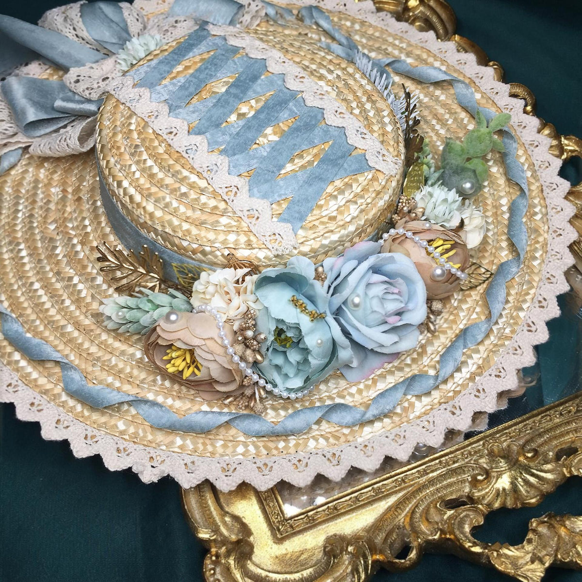 Lolita Straw Flat Hat with Blue Rose