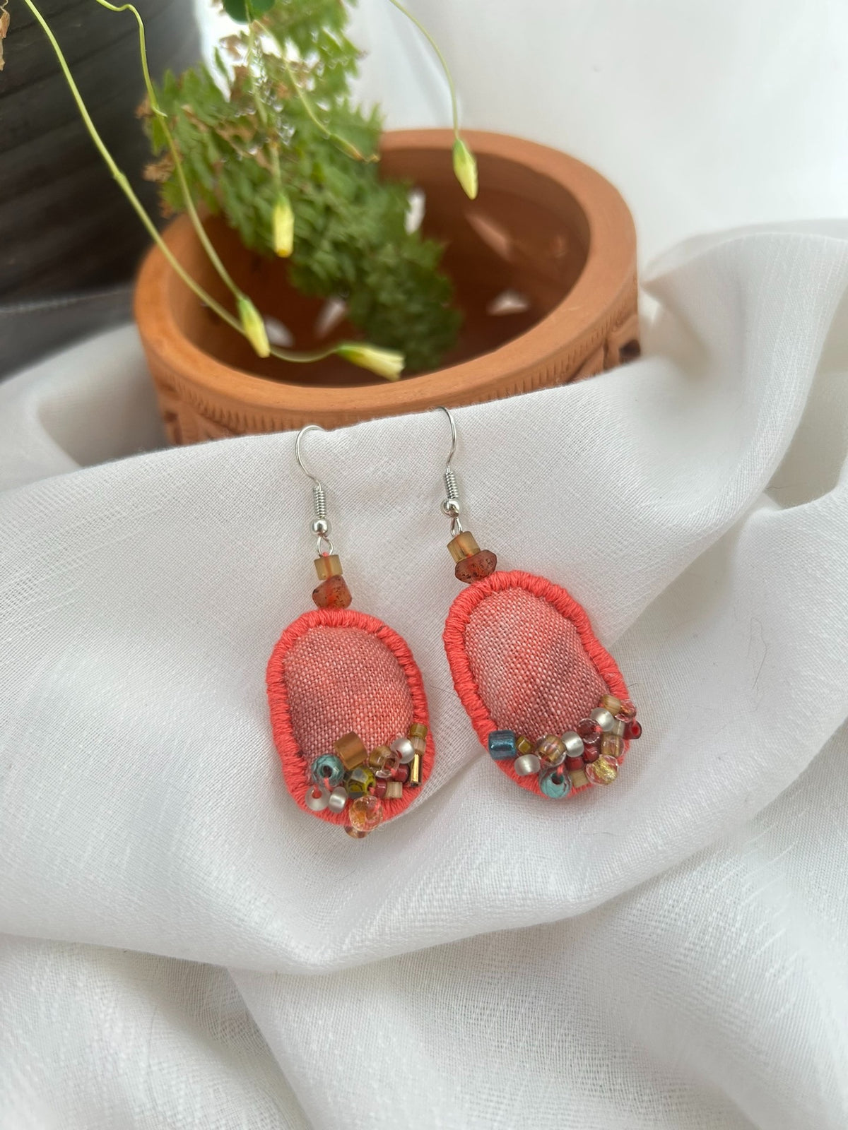 Handmade Fabric Beaded Earrings Coral