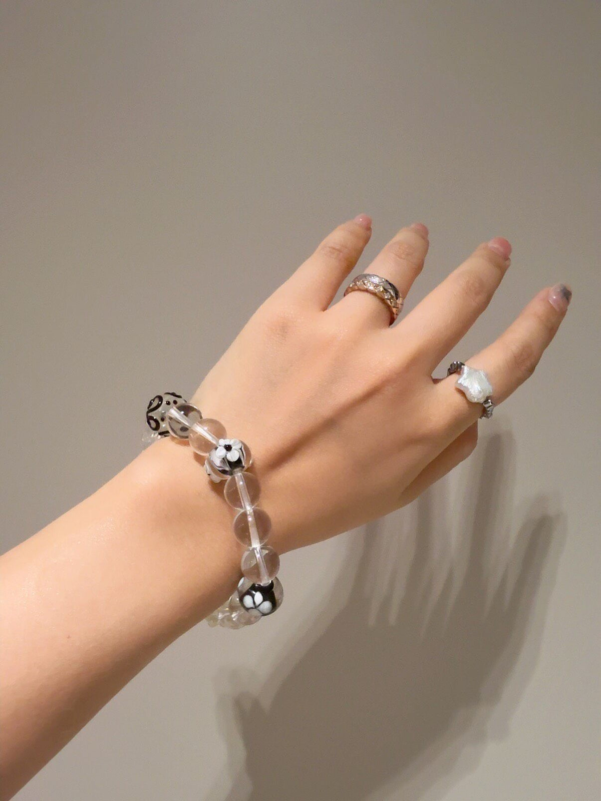 White Crystal Beaded Bracelet with Lampwork Glass
