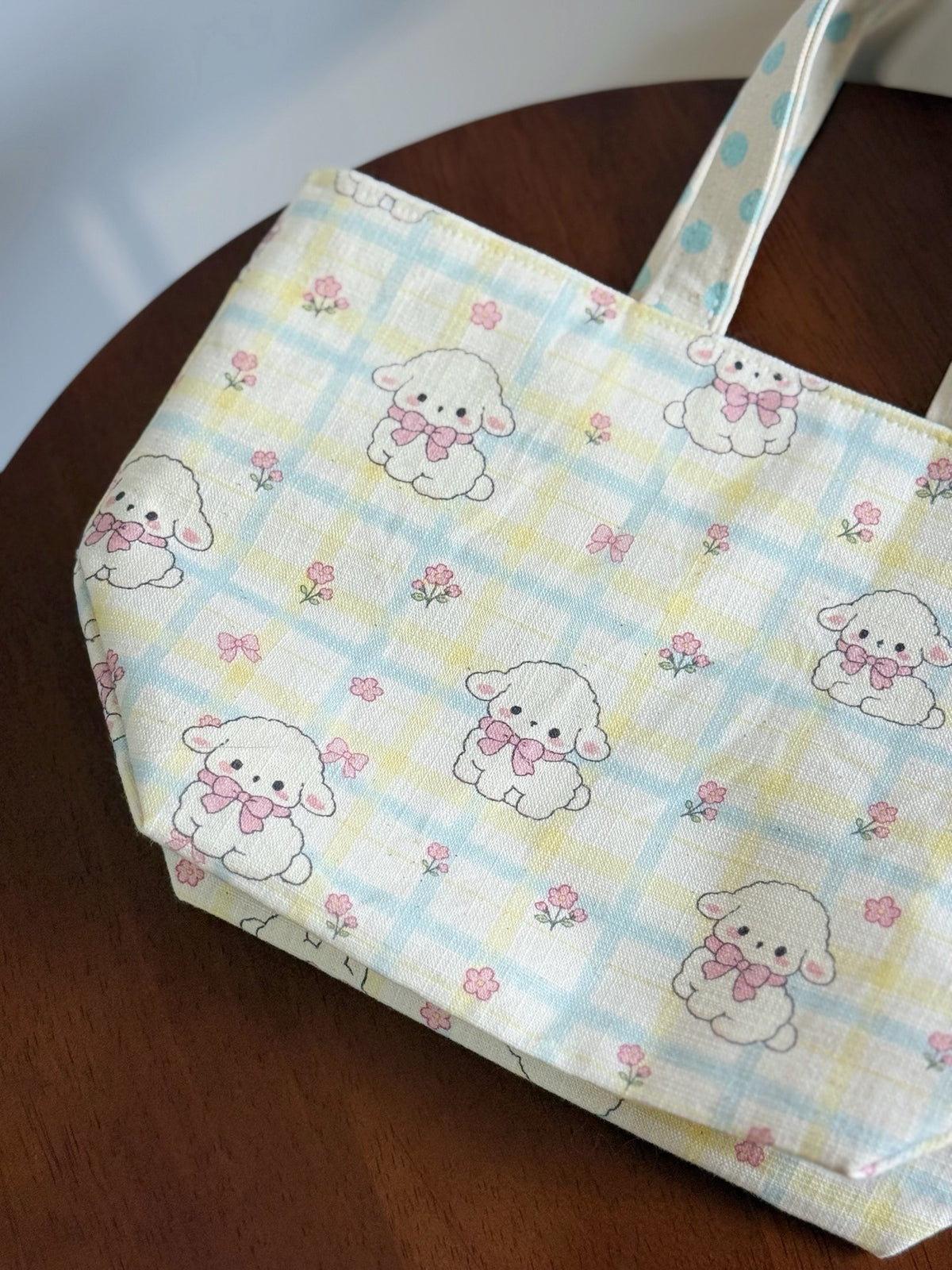 手作り 羊チェック柄 ランチトートバッグ