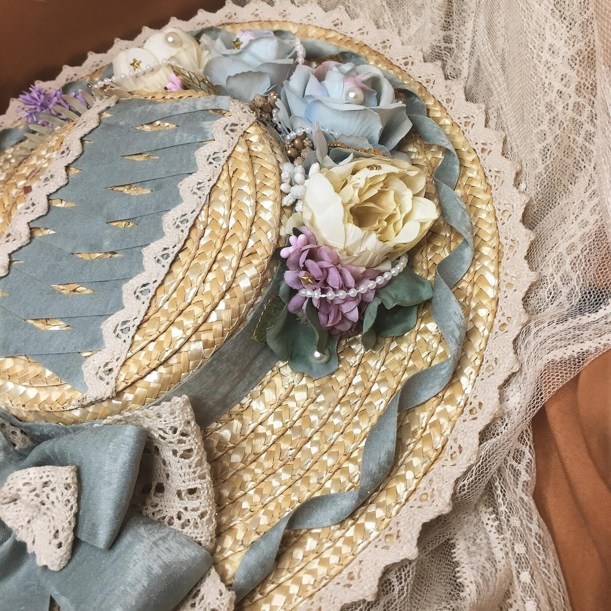 Lolita Straw Flat Hat with Floral Trim