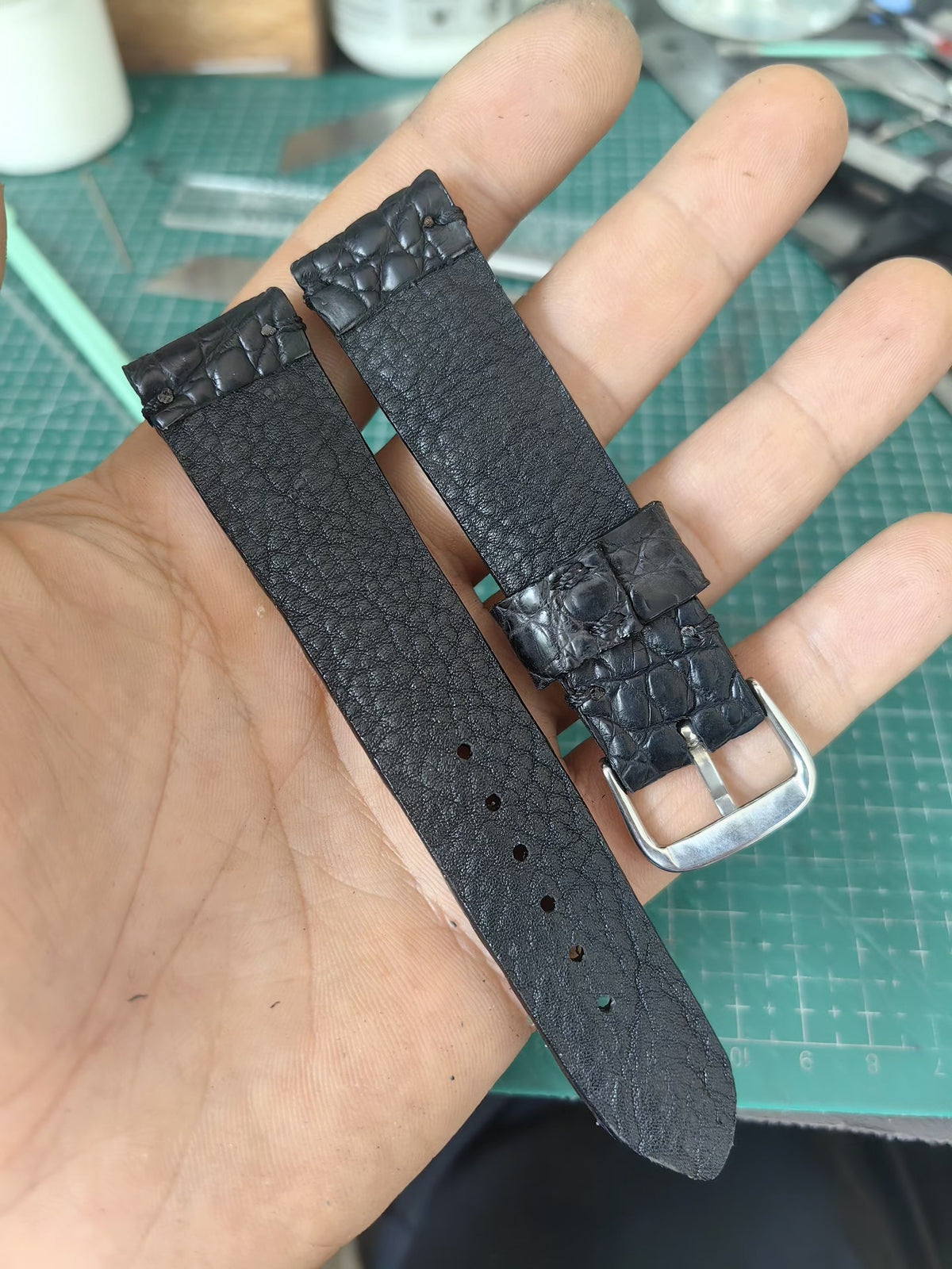 Handmade Black Crocodile Spine Leather Watch Strap