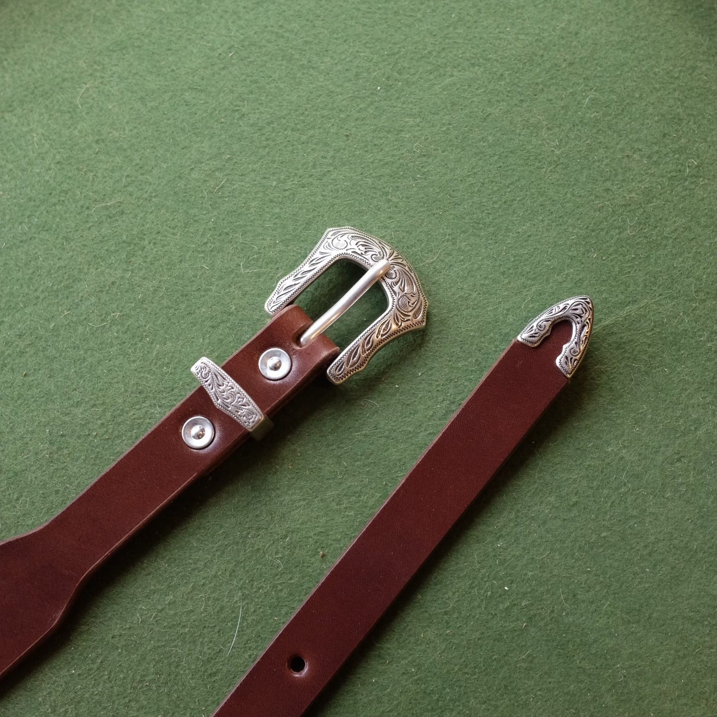 Tapered Leather Belt with Engraved Metal Buckle