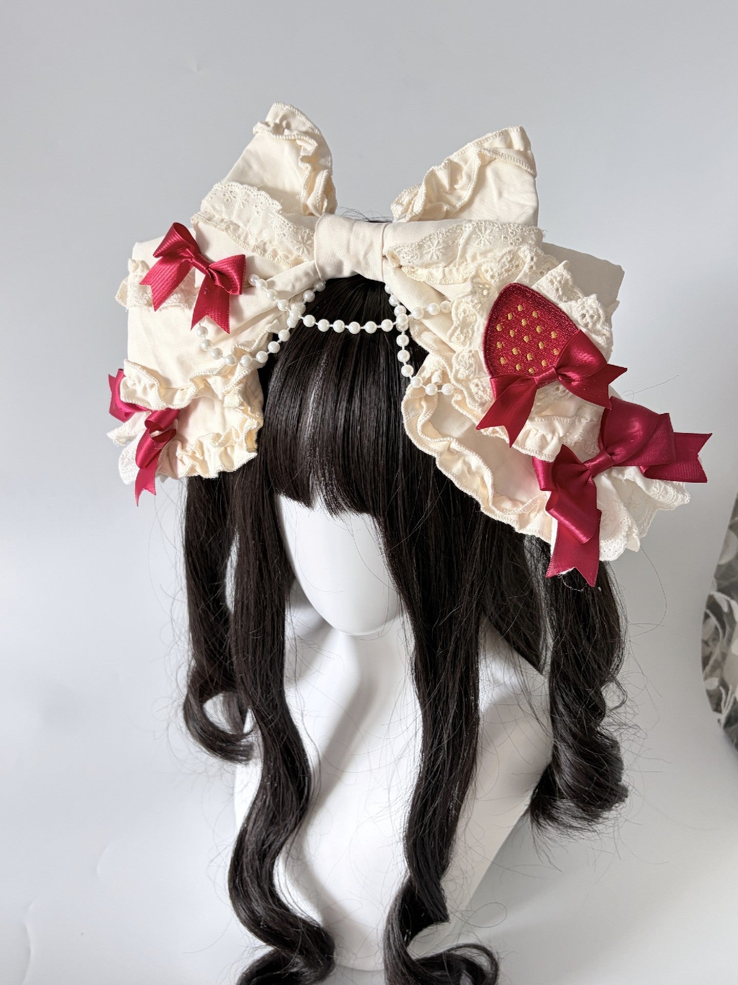 Lolita Cream Bow Headband with Detachable Strawberry Brooch