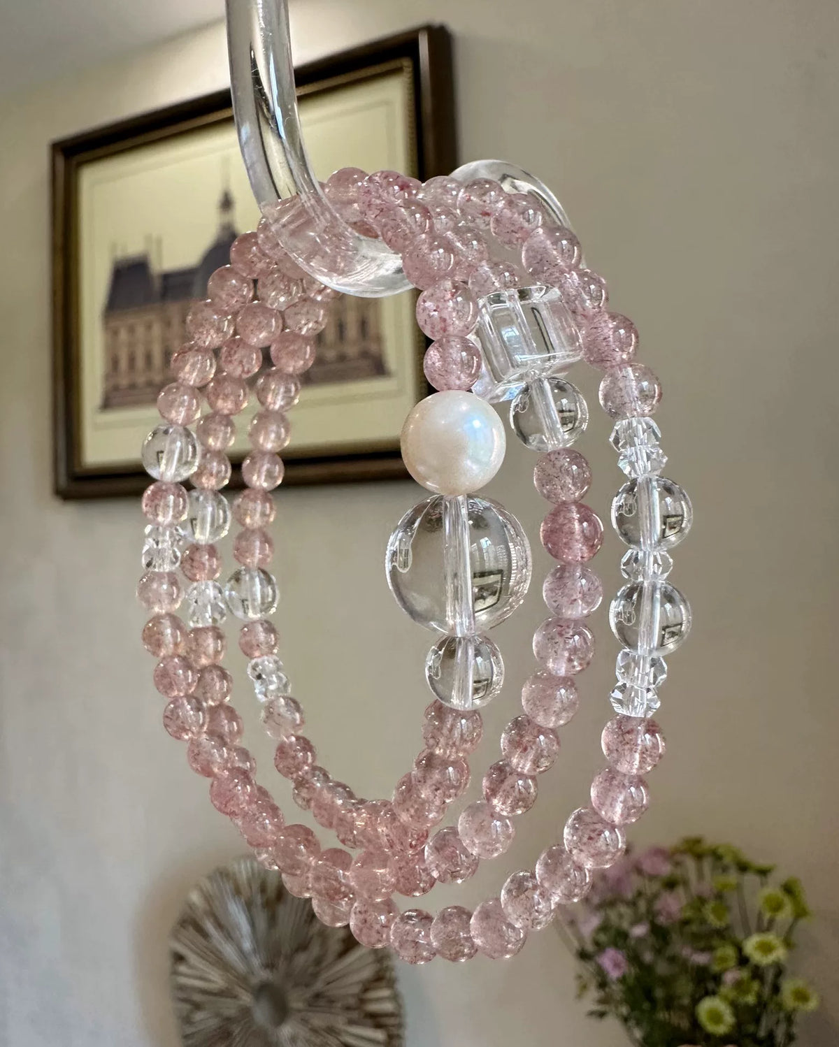 Strawberry Quartz White Crystal Multi Strand Bracelet