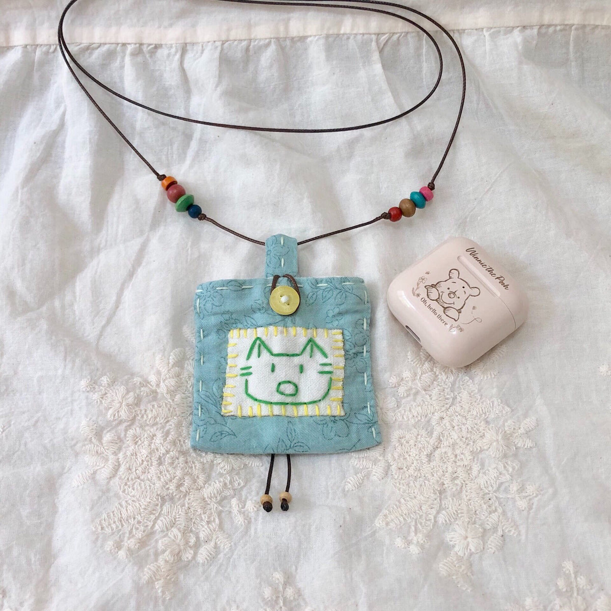 Hand Embroidered Cat Fabric Pouch