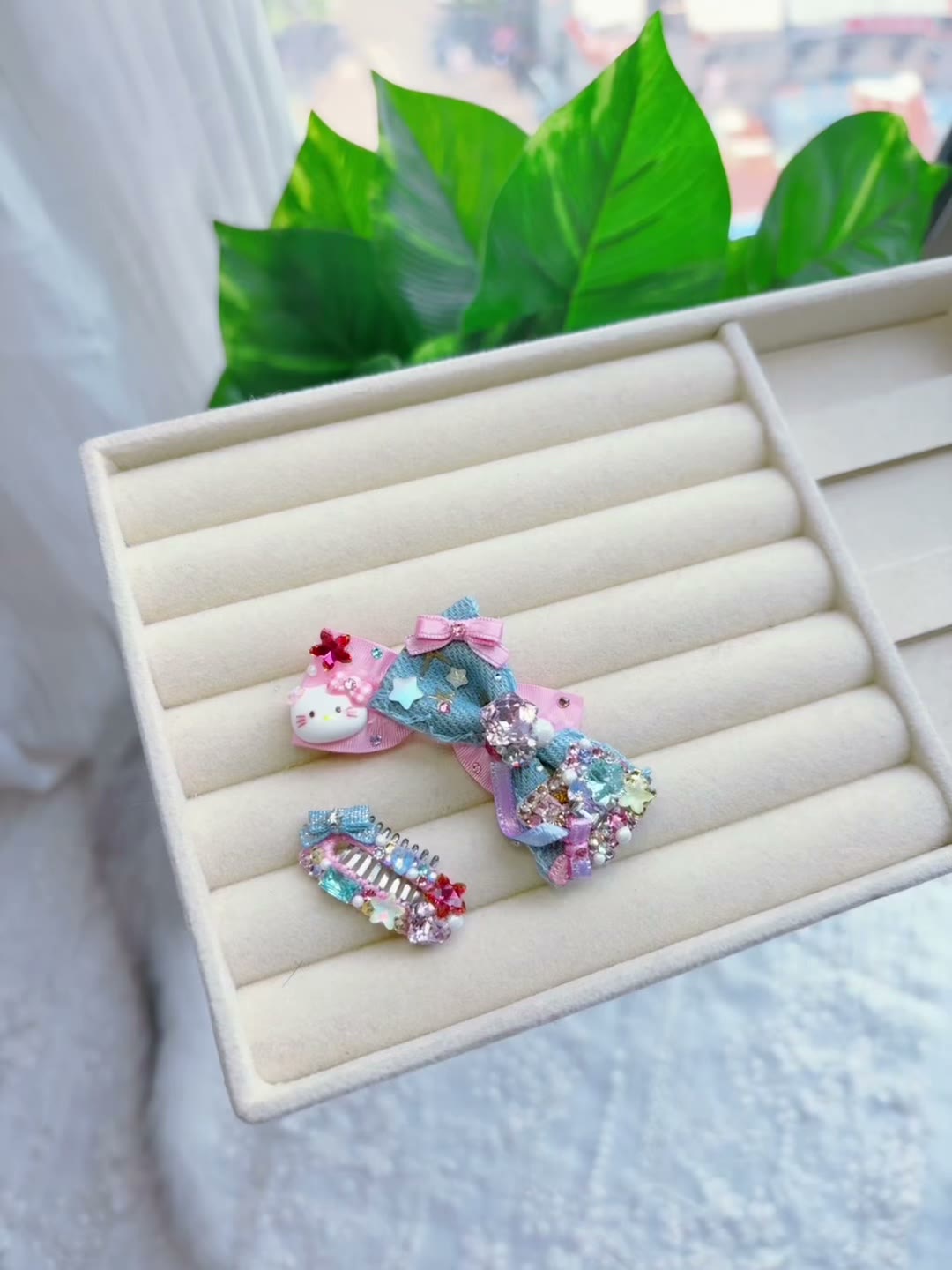 Denim Pet Hair Clips Rhinestone Set