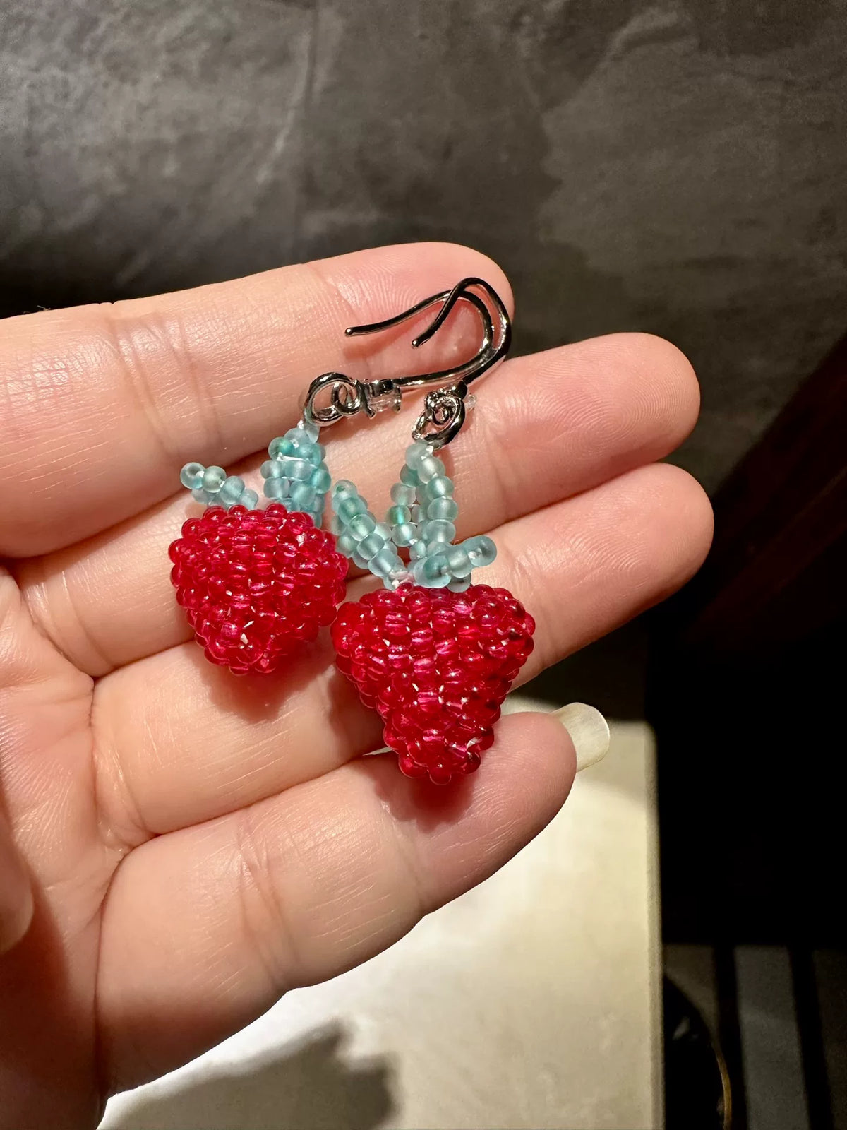 Handmade Strawberry Bead Earrings Asymmetrical Design