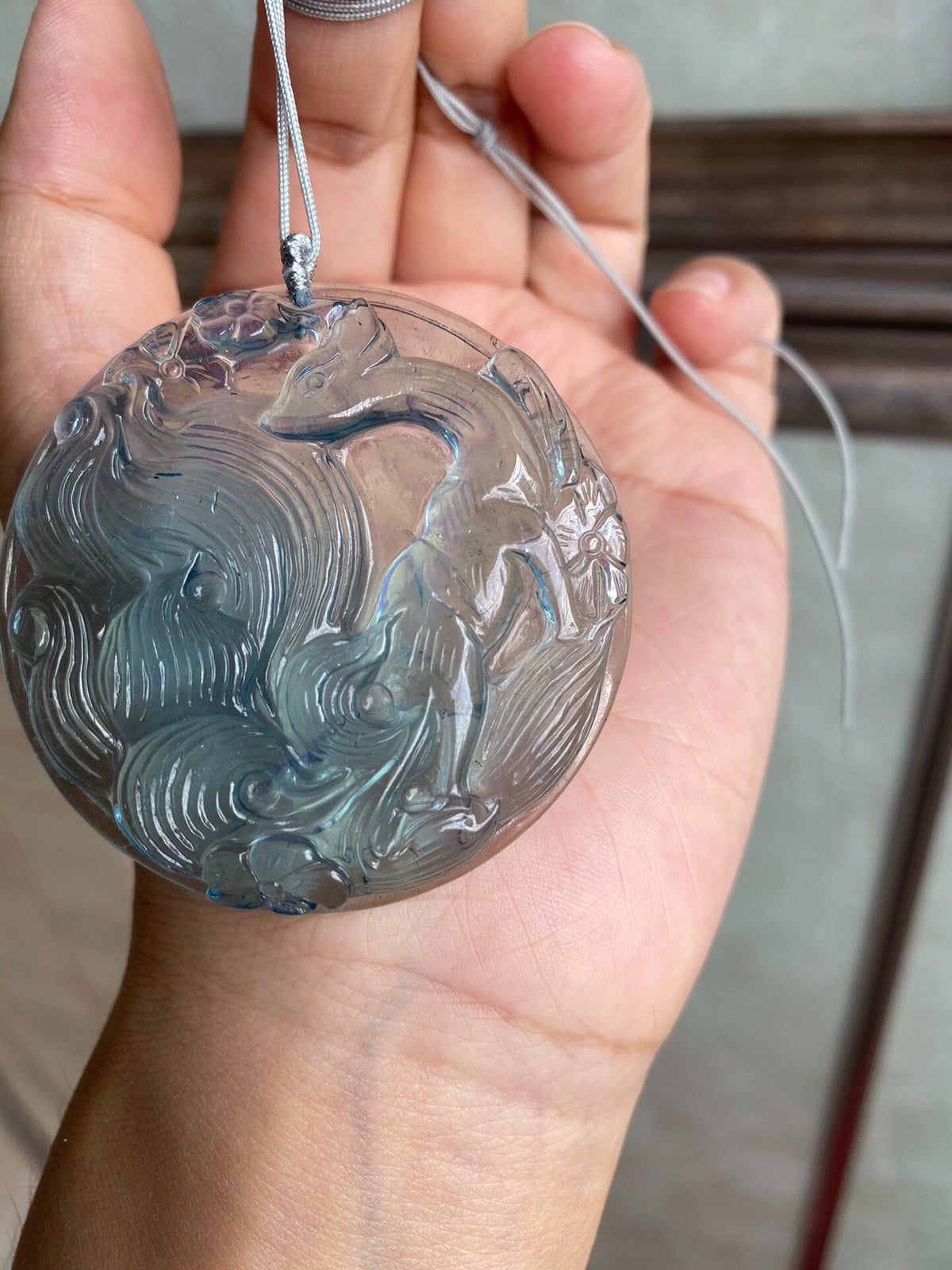 Aquamarine Fox Carved Pendant