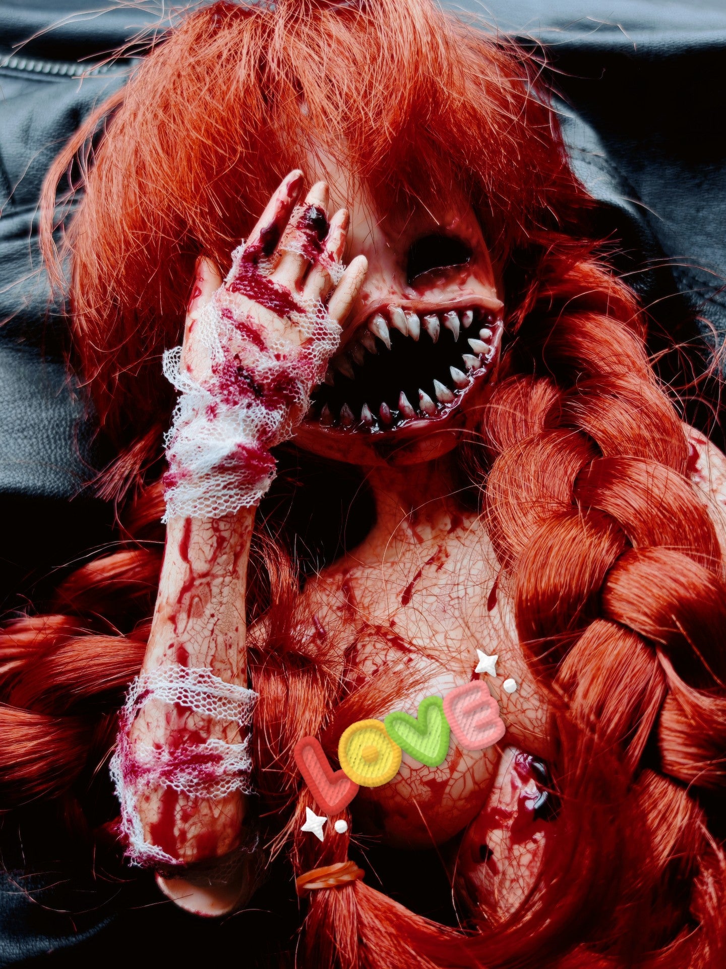 Custom Horror BJD Doll with Cracked Skin and Red Braids