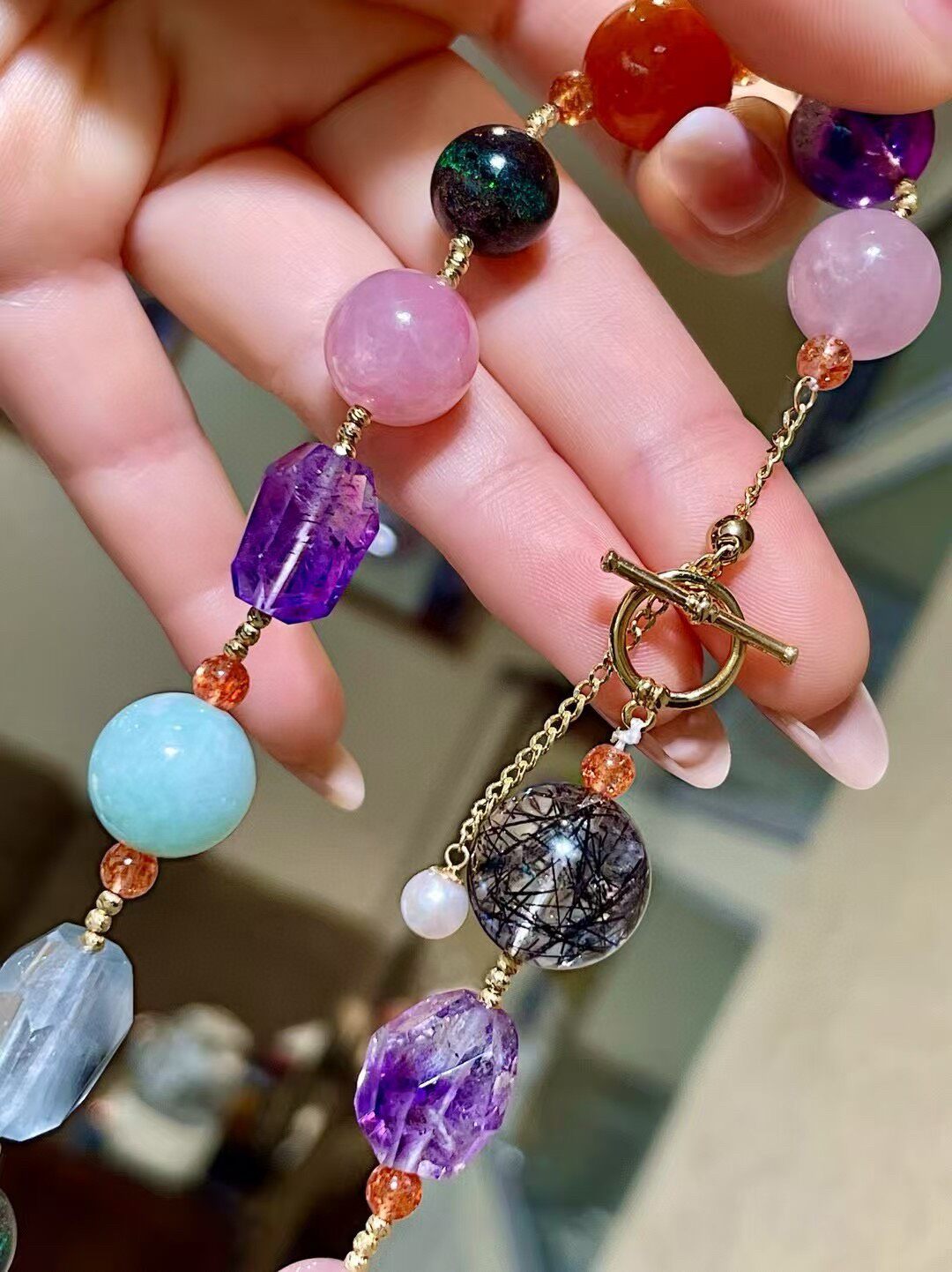Multi-Gemstone Beaded Necklace with Green Phantom Centerpiece