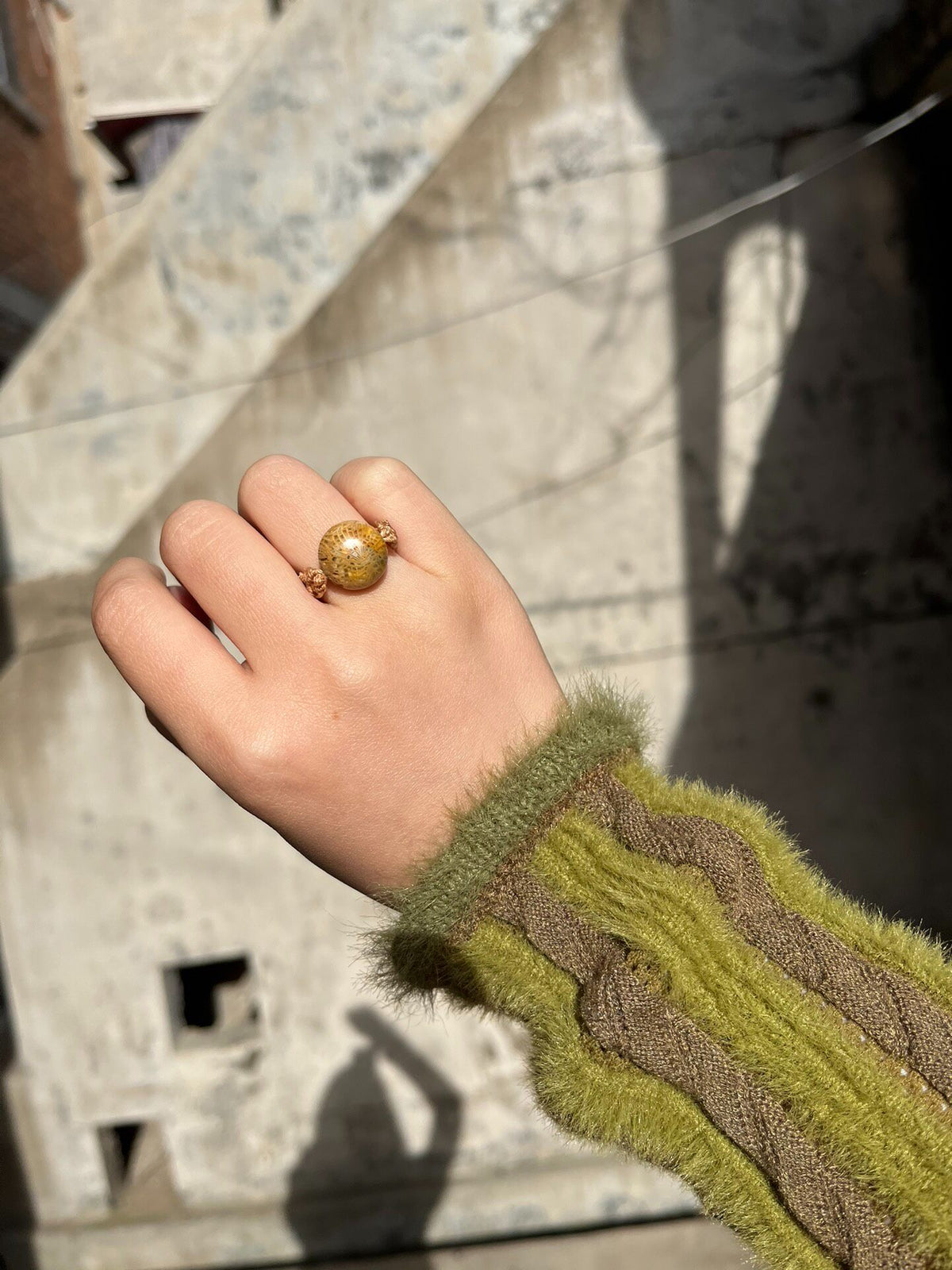 Coral Jade Bead Woven Cord Ring