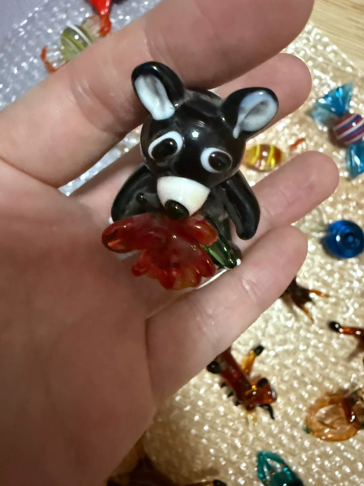 Handcrafted Liuli Glass Bear Holding Flower Figurine
