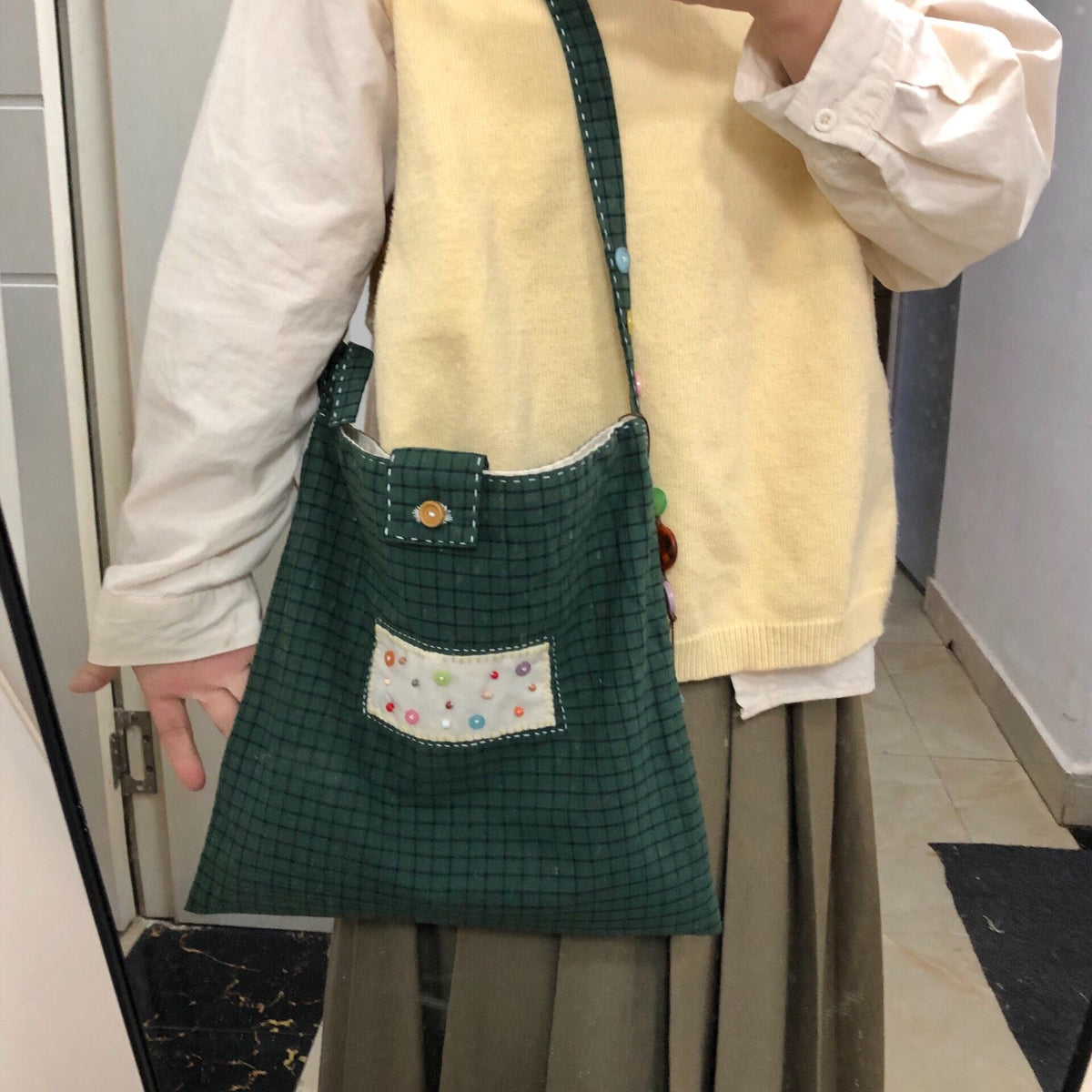 Handmade Adjustable Dark Green Checkered Canvas Bag