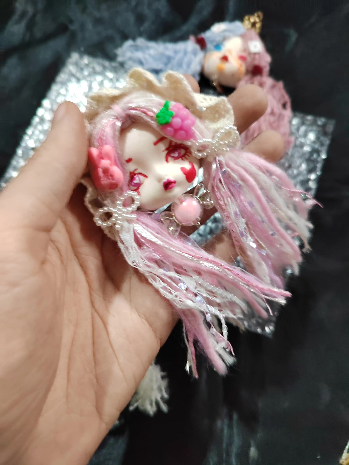 Handcrafted Clay Doll Head Brooch Lolita