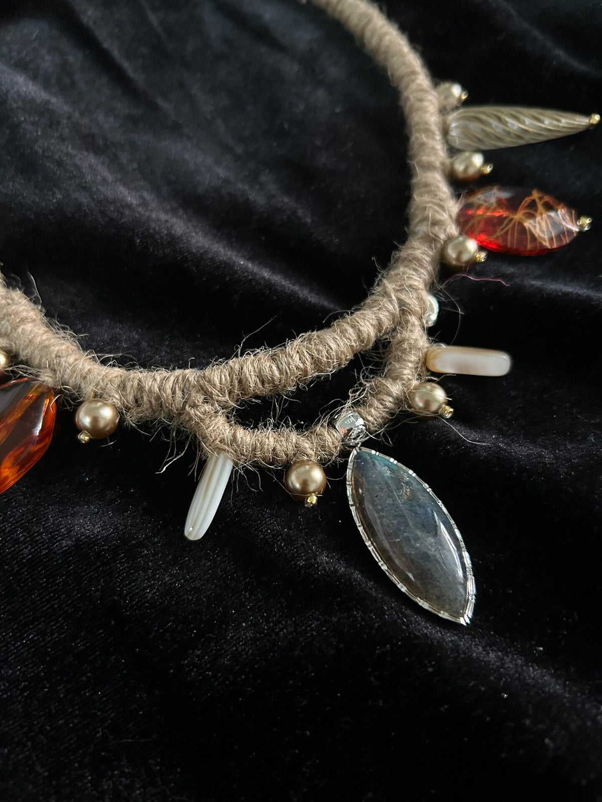 Tribal Hemp Rope Necklace Labradorite Pendant