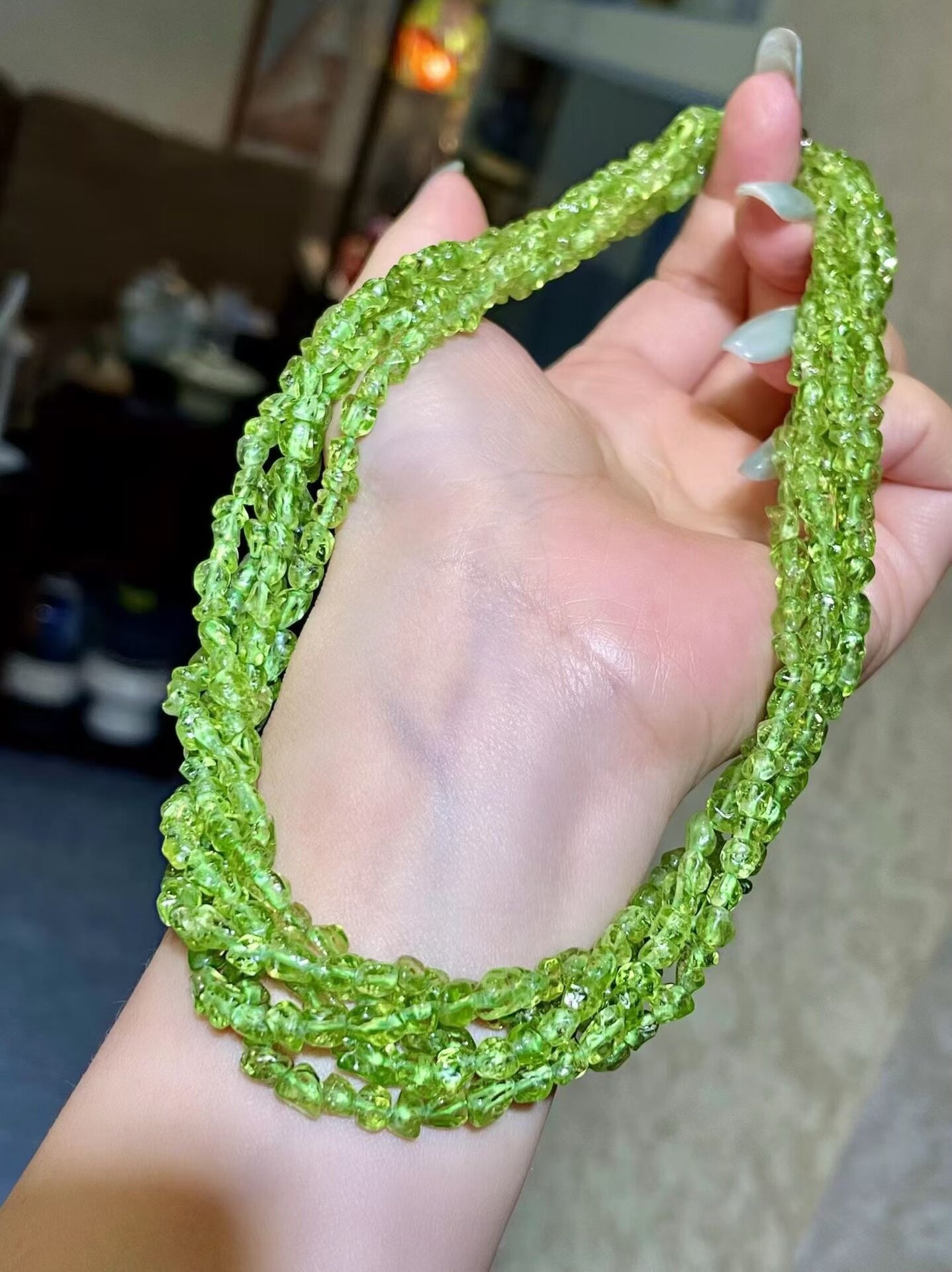 Five-Strand Green Gemstone Chip Choker Necklace