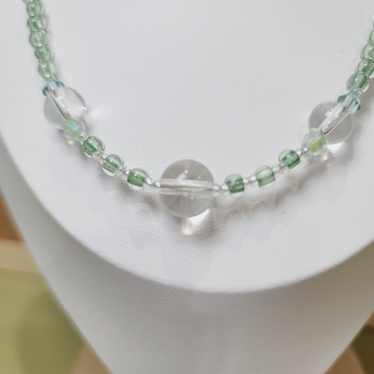 Handmade Beaded Necklace Clear Mint Green Glass