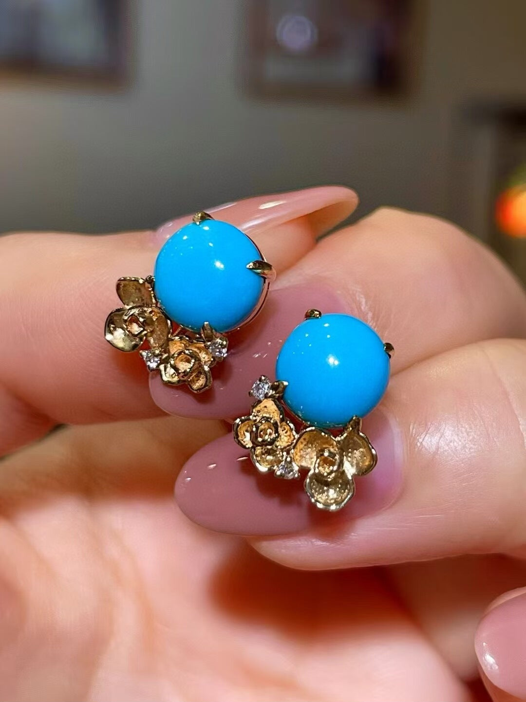 18K Gold Sleeping Beauty Turquoise Stud Earrings with Floral Diamond Accents