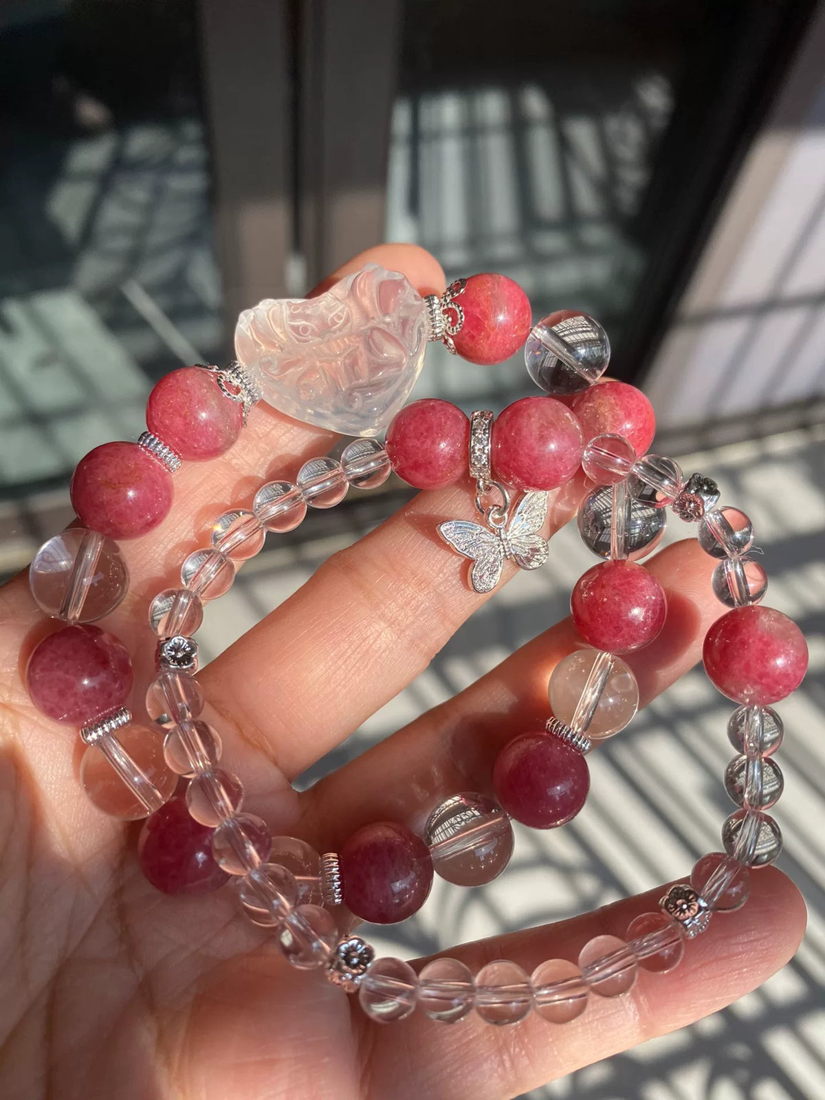 Rhodonite Helder Kwarts Vos Hart Armband Set