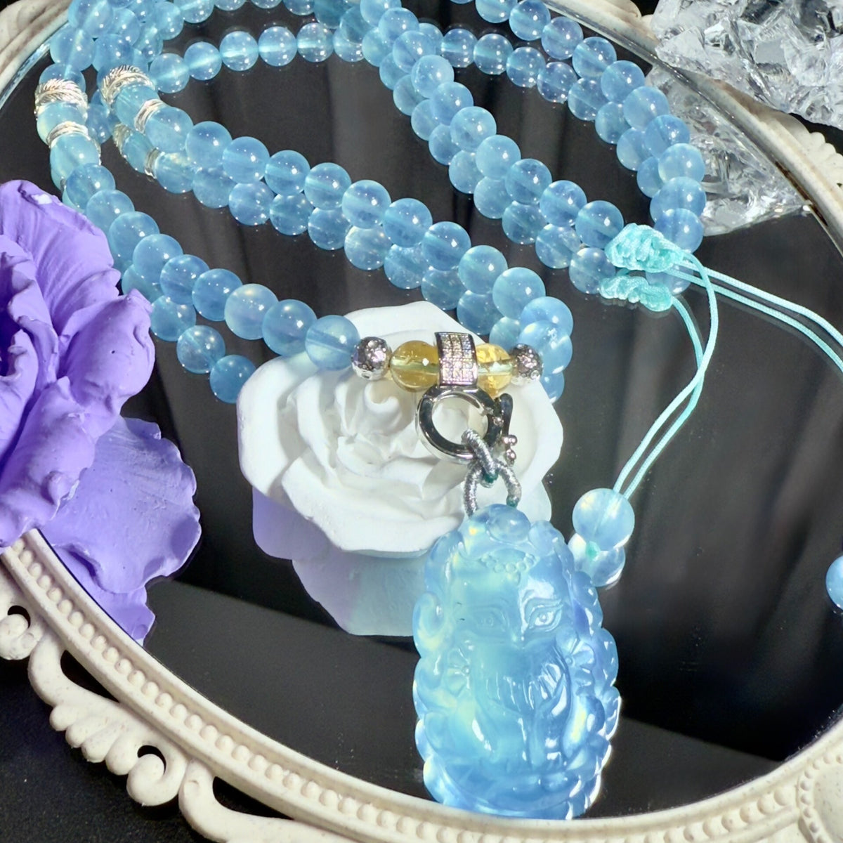 Natural Aquamarine Fox Pendant Necklace Set