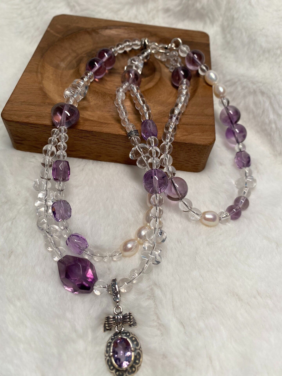 Clear Quartz Amethyst Pearl Layered Necklace