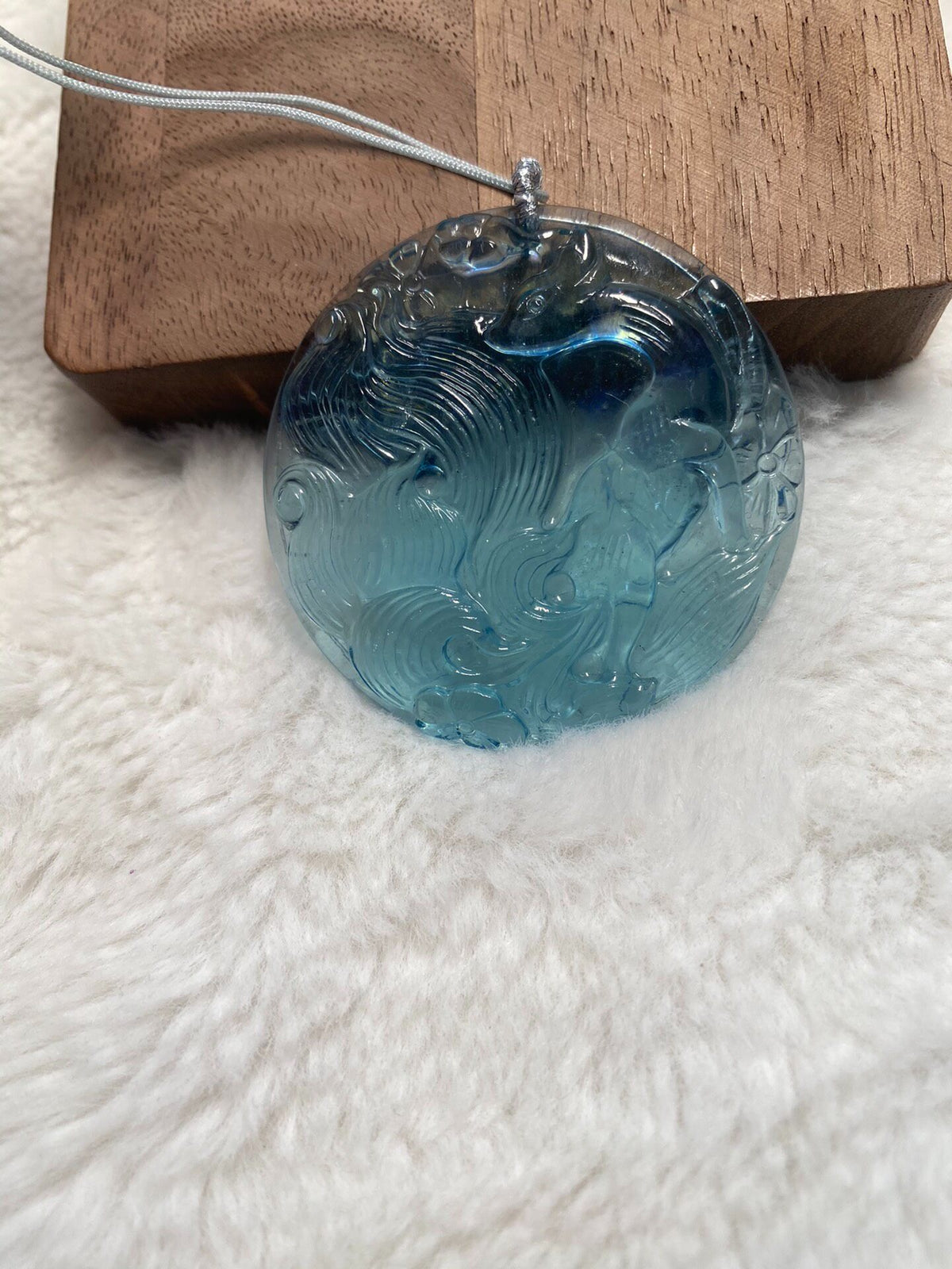 Aquamarine Fox Carved Pendant