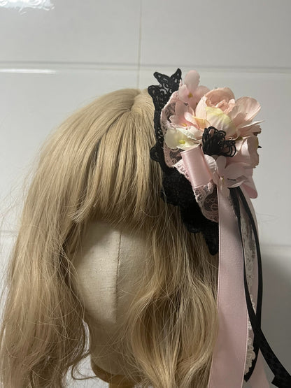 Black Pink Floral Lolita Handcrafted Hair Accessory with Lace and Ribbon