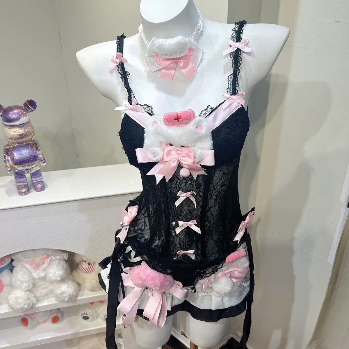 Black Lace Camisole Shorts Set with Pink Bows