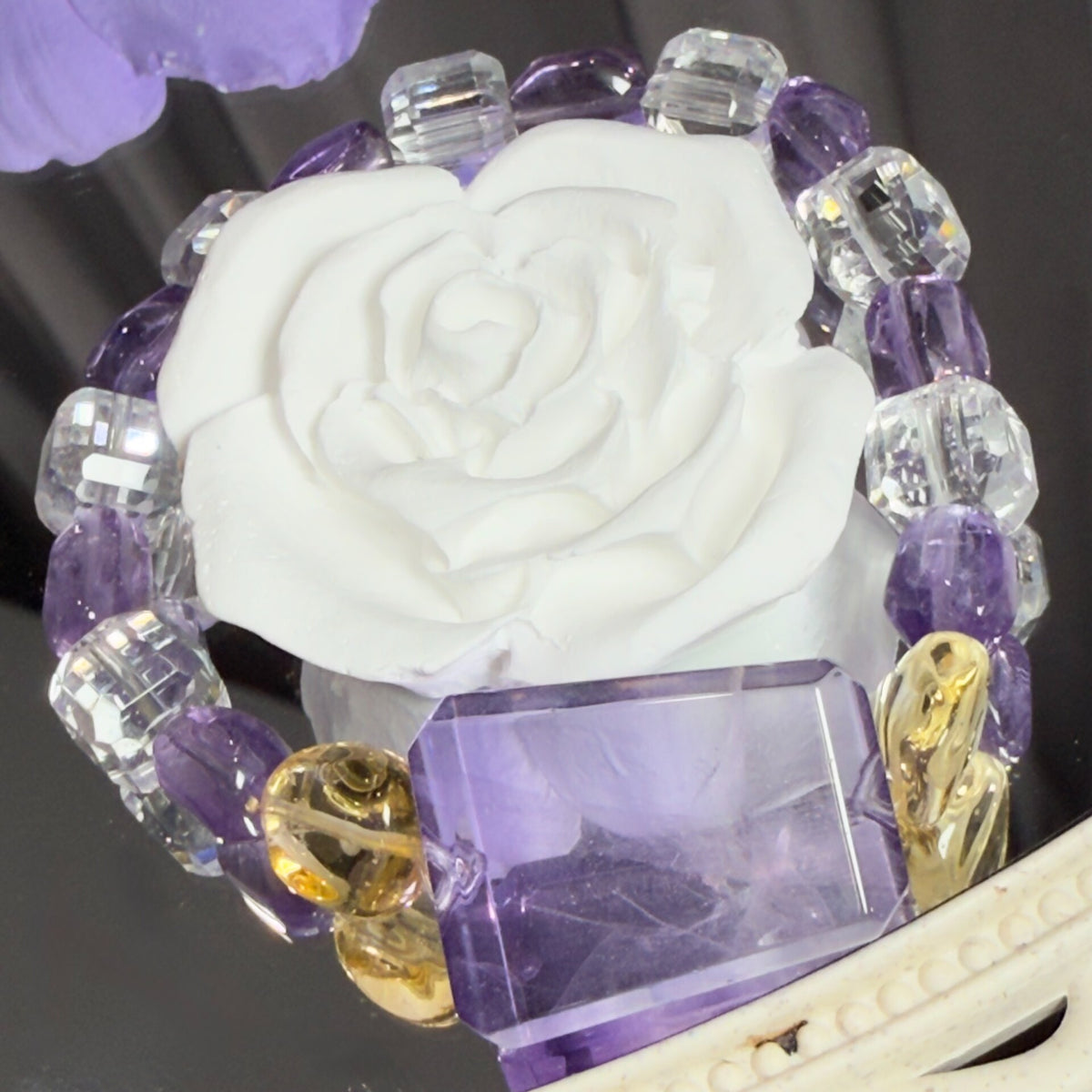 Pulseira de Contas de Ametista, Citrino e Quartzo Transparente Cube