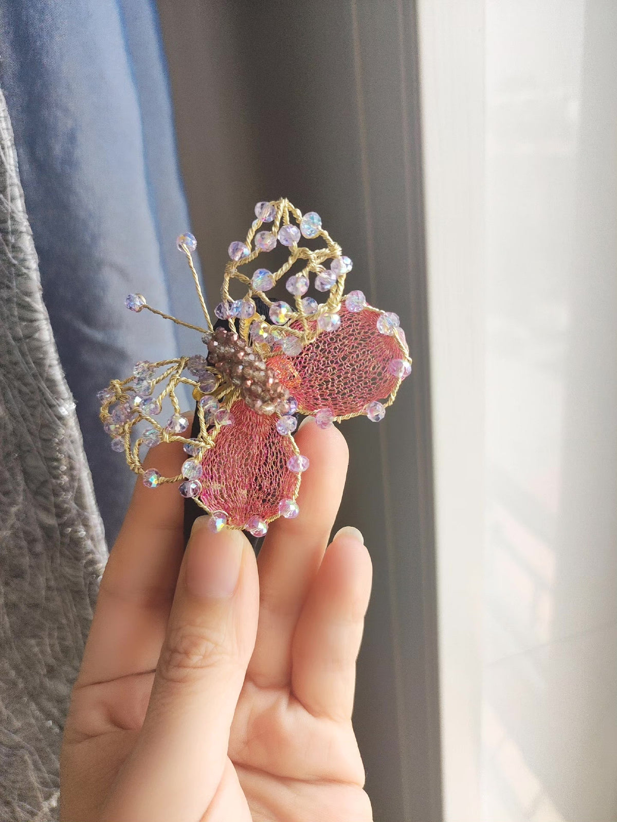 Butterfly Hair Barrette with Iridescent Beads