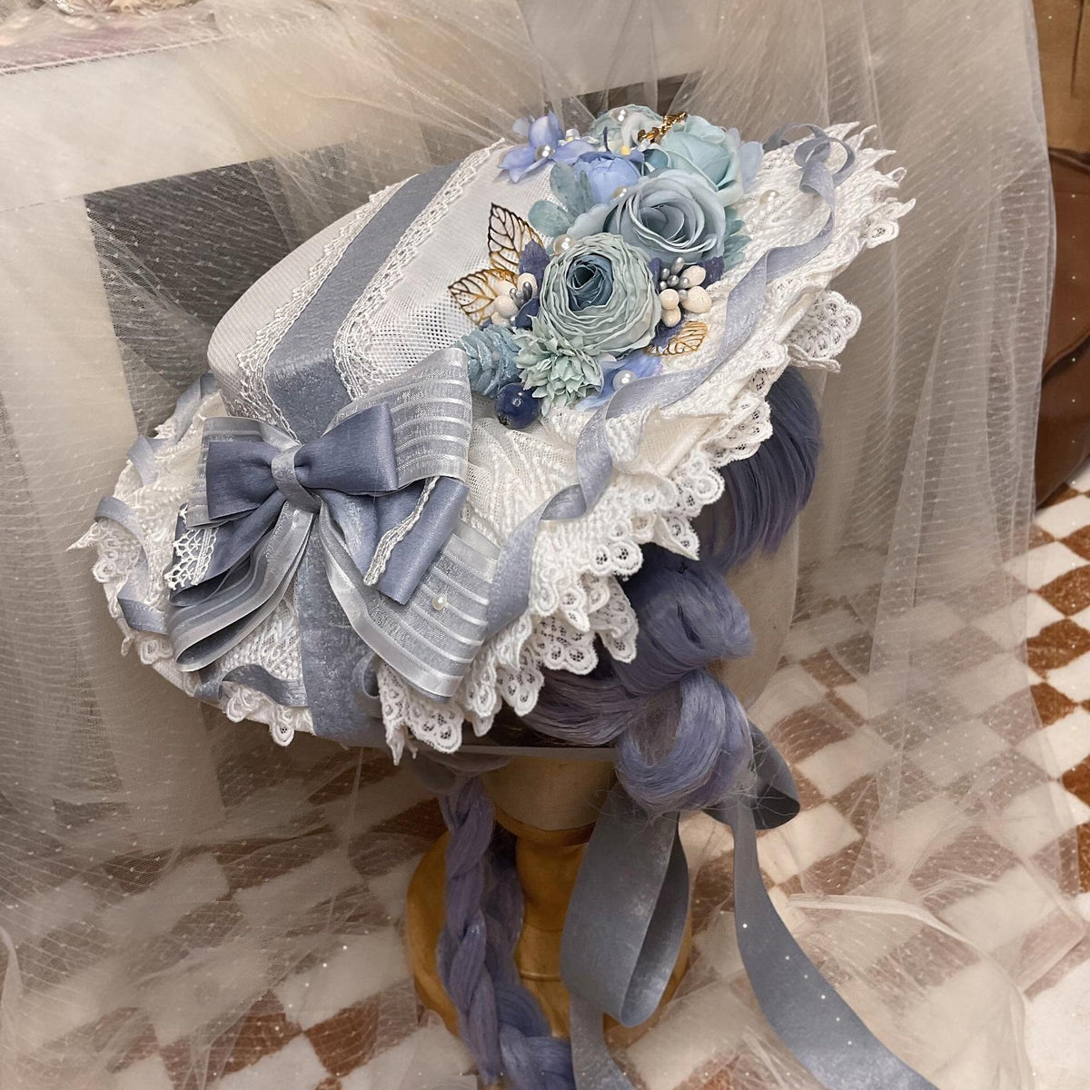 Lolita Flat Hat Pseudo Bonnet Dusty Blue Lace