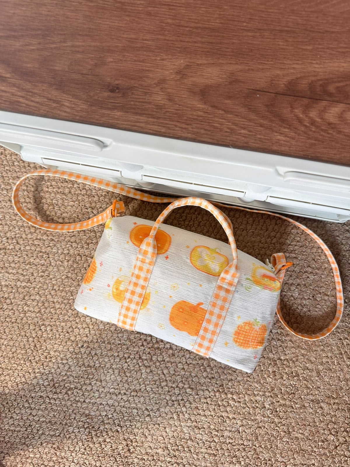 Pumpkin Print Boston Bag with Gingham Straps